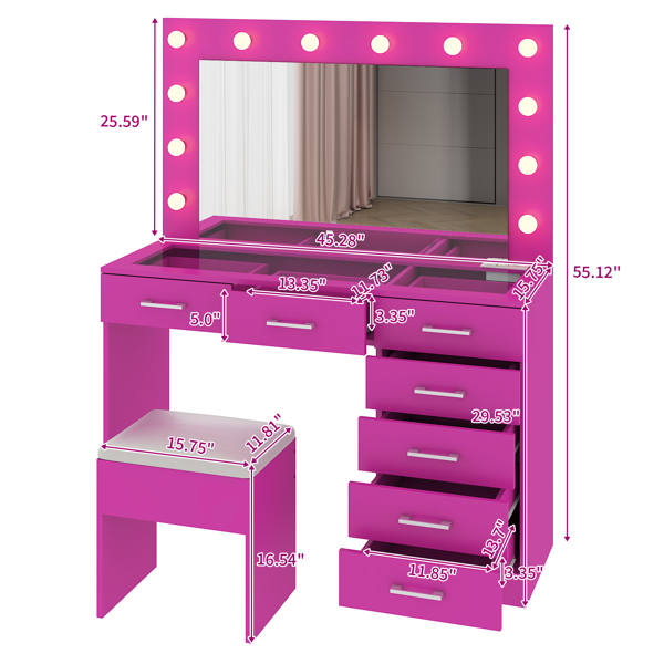 Vanity Desk Set with Large Lighted Mirror and Powre Outlet, Glass Top Makeup Vanity with 7 Drawers, Vanity Table with 12 LED Lights, 3 Lighting Color Adjustable, Pink