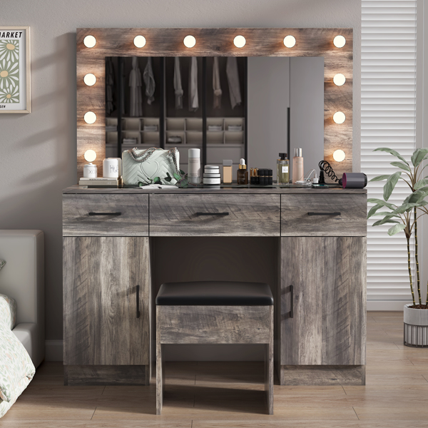 Vanity Desk Set with Large Lighted Mirror and Powre Outlet, Glass Top Makeup Vanity with 3 Drawers and 2 Cabinets, Vanity Table with 12 LED Lights, 3 Lighting Color Adjustable, Grey