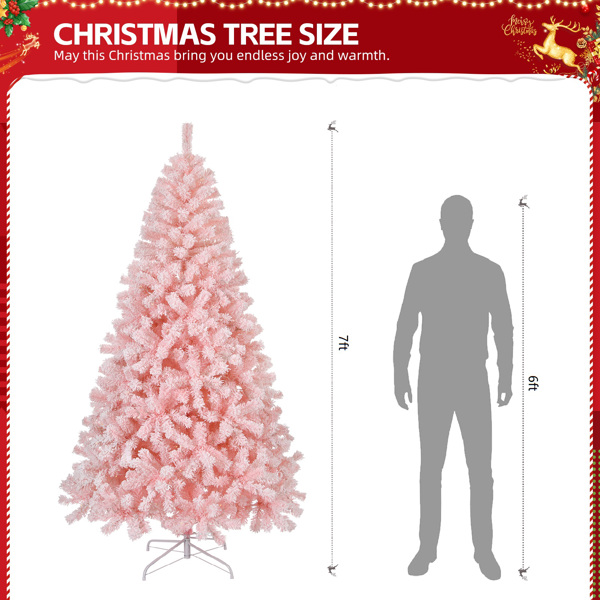 7 FT Pre-lit Snow Flocked Christmas Tree, Artificial Hinged Xmas Pine Tree with 1000 Branch Tips, 400 Lights and Remote Control for Holiday Party Office Home, Snowy Pink