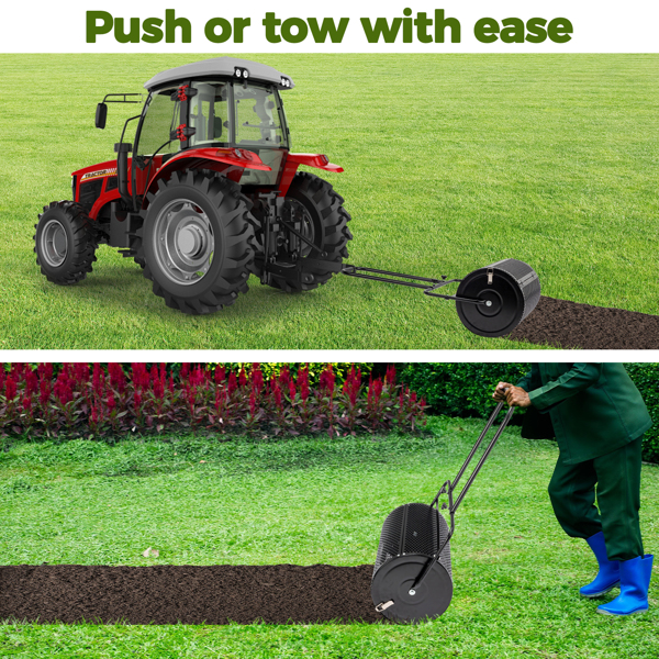 24 inch Compost Spreader for Lawn, Garden Peat Moss Roller with Double Side Latches, Powder Coated Steel Mesh Basket for Topdressing & Seedling, Black