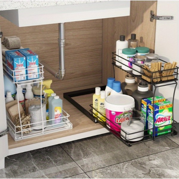 Two-layer sink organizer, pull out cabinet organizer Two-layer slide out of the sink cabinet organizer, kitchen bathroom cabinet sink organizer below, Medium, black