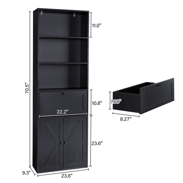 FCH 3-Layer 1 Drawer 2 Doors Double Z Shape Melamine Board 60*23.5*180cm Display Cabinet Black