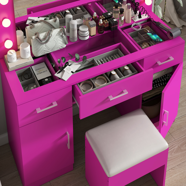 Vanity Desk Set with Large Lighted Mirror and Powre Outlet, Glass Top Makeup Vanity with 3 Drawers and 2 Cabinets, Vanity Table with 12 LED Lights, 3 Lighting Color Adjustable, Pink