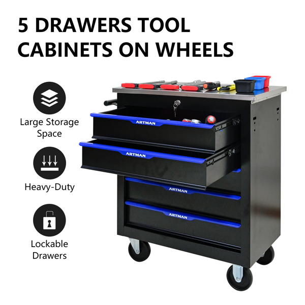 5 DRAWERS MULTIFUNCTIONAL TOOL CART WITH WHEELS-BLACK+BLUE