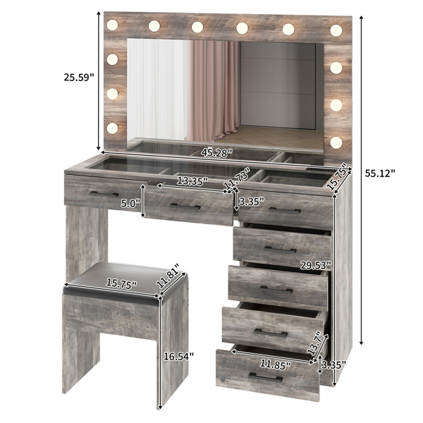 Vanity Desk Set with Large Lighted Mirror and Powre Outlet, Glass Top Makeup Vanity with 7 Drawers, Vanity Table with 12 LED Lights, 3 Lighting Color Adjustable, Grey