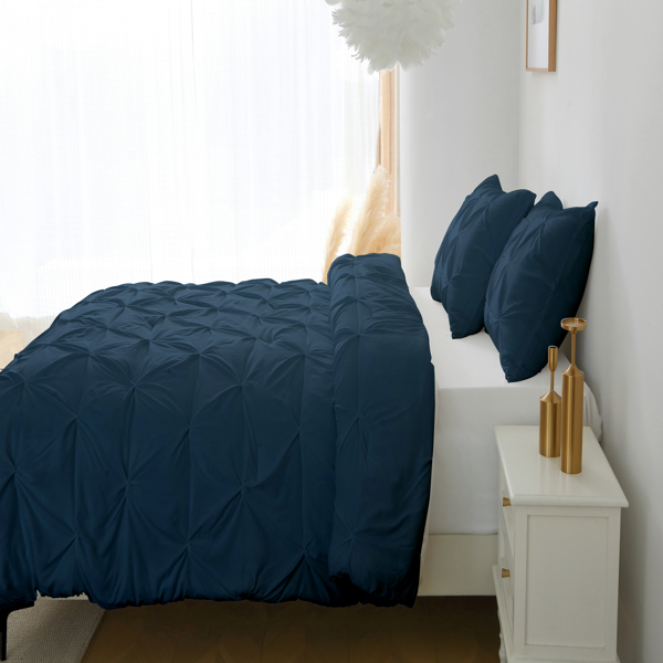 King Comforter Set, 3 Pieces Pintuck Bedding Set with 1 Down Alternative Comforter and 2 Pillow Shams, Navy