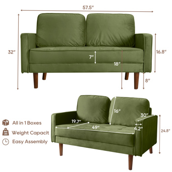 57.5\\" Velvet Square Arm Apartment Loveseat Pull-Down Sofa