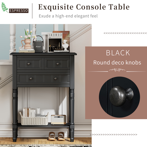 Narrow Console Table, Slim Sofa Table with Three Storage Drawers and Bottom Shelf (Black)