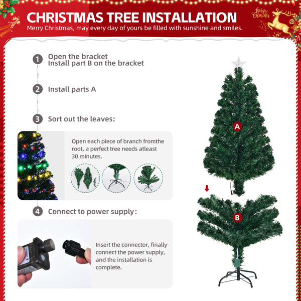 1.5m Pre-lit Christmas Tree, Artificial Fiber Optic Christmas Tree with Lighted Top Star, 180 LEDs and Branch Tips, Holiday Xmas Decoration Tree for Home Office Store Party, Green