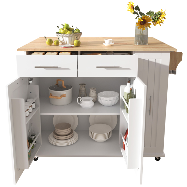 Kitchen Island with Drop Leaf, Kitchen Storage Cart with 3 Tier Pull Out Cabinet Organizer, Internal Storage Rack, Rolling Kitchen Cart on Wheels with Towel Rack, 2 Drawers, for Kitchen, White