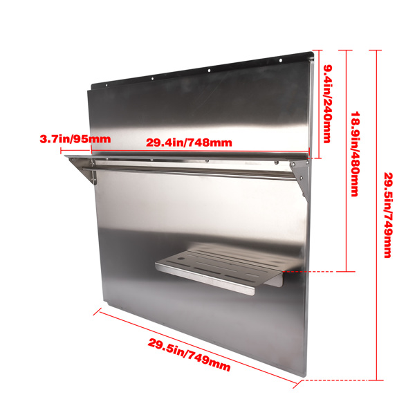 Range Backsplash with Shelf 29.5 x 29.5 Inch Range Hood Wall Shield for Range Hood Stainless Backsplash with Storage Shelf and Hanging Rack