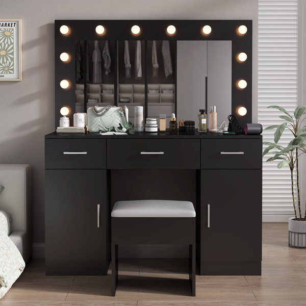 Vanity Desk Set with Large Lighted Mirror and Powre Outlet, Glass Top Makeup Vanity with 3 Drawers and 2 Cabinets, Vanity Table with 12 LED Lights, 3 Lighting Color Adjustable, Black