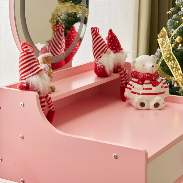 Kids Vanity Table and Chair Set, Girls Vanity with Mirror & 3-Color LED Lights, 1 Large Drawer & Storage Shelf, Pretend Play Makeup Dressing Princess Table for Toddlers, Pink