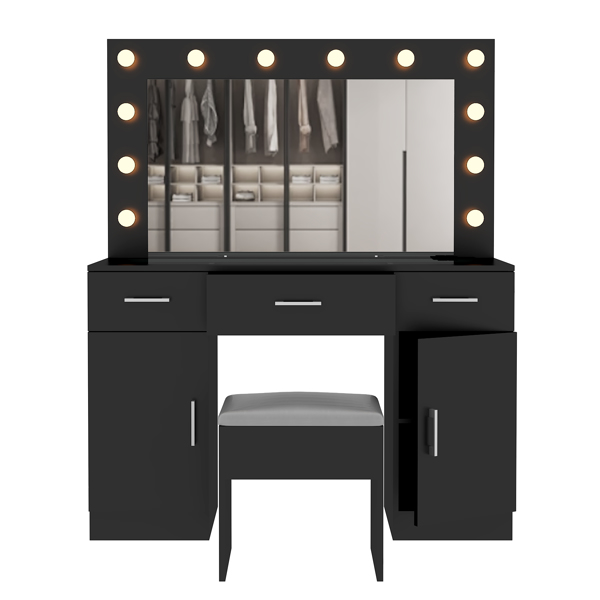 Vanity Desk Set with Large Lighted Mirror and Powre Outlet, Glass Top Makeup Vanity with 3 Drawers and 2 Cabinets, Vanity Table with 12 LED Lights, 3 Lighting Color Adjustable, Black