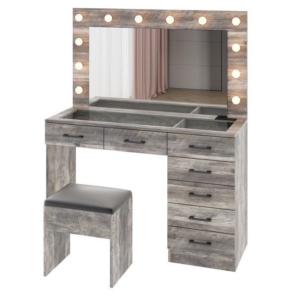 Vanity Desk Set with Large Lighted Mirror and Powre Outlet, Glass Top Makeup Vanity with 7 Drawers, Vanity Table with 12 LED Lights, 3 Lighting Color Adjustable, Grey