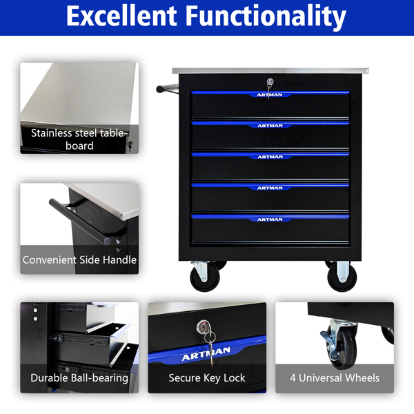 5 DRAWERS MULTIFUNCTIONAL TOOL CART WITH WHEELS-BLACK+BLUE