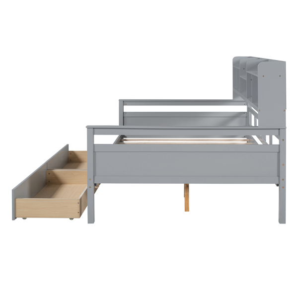 Full size Daybed, Wood Slat Support, with Bedside Shelf and Two Drawers, Gray