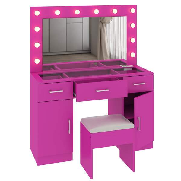 Vanity Desk Set with Large Lighted Mirror and Powre Outlet, Glass Top Makeup Vanity with 3 Drawers and 2 Cabinets, Vanity Table with 12 LED Lights, 3 Lighting Color Adjustable, Pink