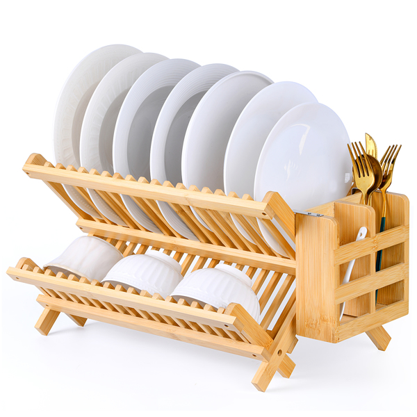 Collapsible 2-Tier Bamboo Dish Drying Rack – Foldable Wooden Dish Drainer with Utensil Holder, Space-Saving Dish Rack for Kitchen Countertop