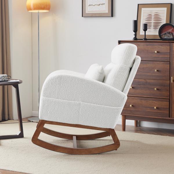 White Teddy Fleece Rocking Chair Nursery with Thick Headrest, Upholstered Mid-century Modern Nursing Rocker Glider with Curved Armrest, Sturdy Solid Wood Base for Living Room,Bedroom, Baby Room