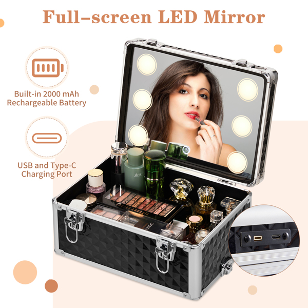 FCH 2-in-1 with LED 3-color Changing Light, USB Dual-Port Dual-wire, Slide Rail Front Drawer, Flat Left Drawer, Detachable Universal Wheel, Aluminum, Diamond Pattern, Black, Cosmetic Case 34*24*72