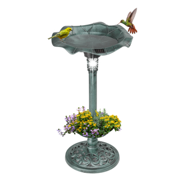 Outdoor Solar Lighted Pedestal Bird Bath Fountain Decoration with Planter and Feeder, Decorative Vintage Bird Baths for Garden Yard, Green