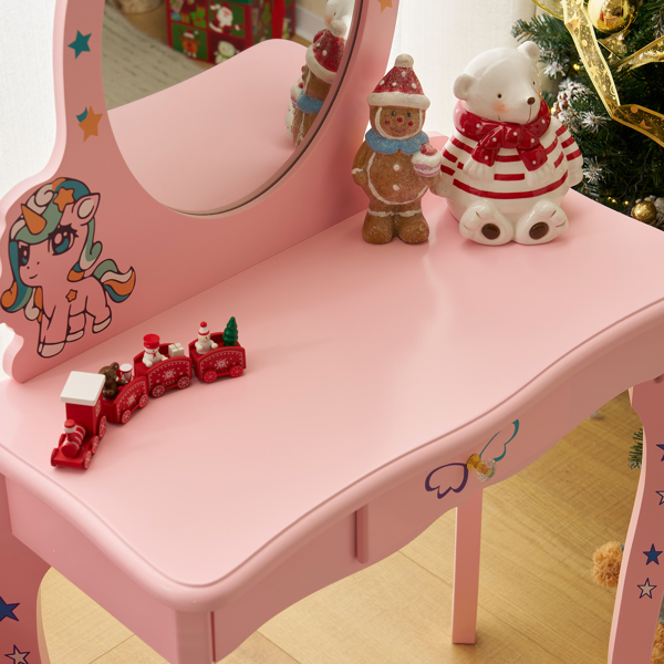 Kids Vanity Table and Chair Set, Girls Vanity with Mirror & Stool, Cute Unicorn Design, Pretend Play Makeup Dressing Princess Table for Toddlers, Pink