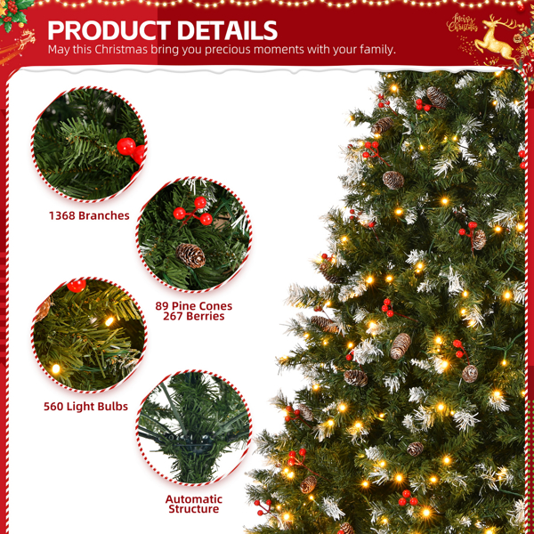 7.5 FT Pre-lit Artificial Snow Tipped Christmas Tree, Hinged Xmas Pine Tree with 1368 Branch Tips, 89 Pine Cones, 267 Berries and 560 Warm Lights for Holiday Party Office Home, Green & Snow Tipped