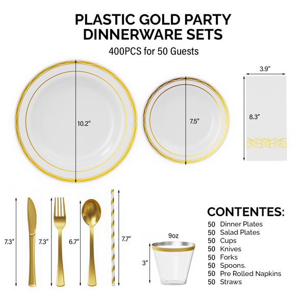 50 sets of flat plastic circular gold disposable tableware with size plates, cups, knives, forks, tissues, straws included