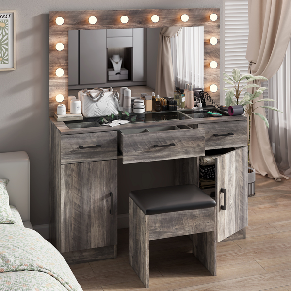 Vanity Desk Set with Large Lighted Mirror and Powre Outlet, Glass Top Makeup Vanity with 3 Drawers and 2 Cabinets, Vanity Table with 12 LED Lights, 3 Lighting Color Adjustable, Grey