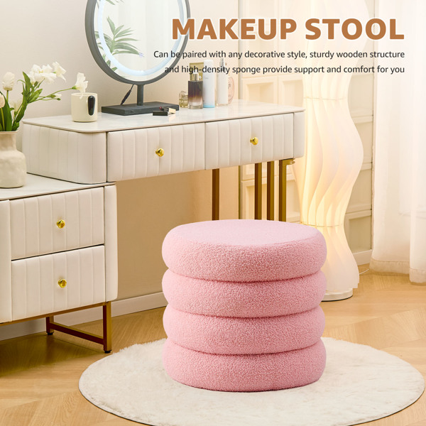 Round Storage Ottoman, Modern Sherpa Footstool, Teddy Vanity Stool with Flip-Top Tray, Makeup Chair for Home Decor, Upholstered Footrest for Living Room & Bedroom (Pink)