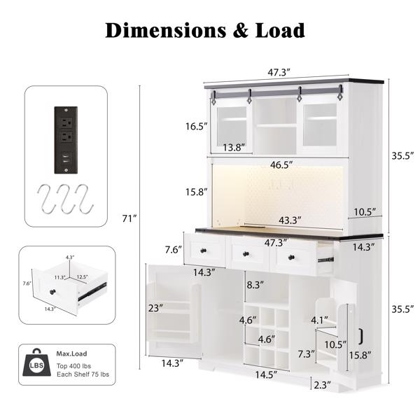 71" Farmhosue Pantry Bar Cabinet with Internal Storage Rack,Kitchen Cabinet with Hutch,Sliding Door,Power Outlet,Pegboard,Wine & Glasses Rack,3 Drawers,Rustic Coffee Bar Storage Cabinet,White Oak