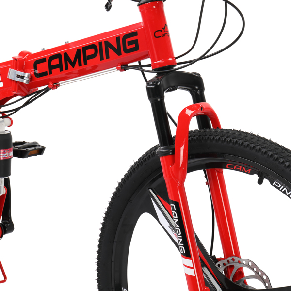 【replace：13435614】CamPingSurvivals 26in 150kg 21-Speed Shimano Variable Speed High Carbon Steel Land Rover Tri-Knife Wheels Foldable  Mountain Bike Red