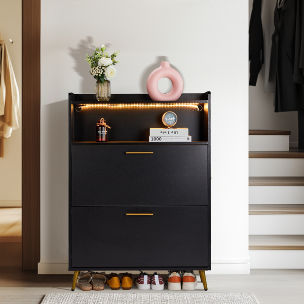 FCH Double Door 6-Layer Shoe Cabinet with High Foot LED Lights Particle Board 80*38*90cm Black