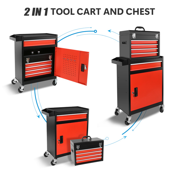 Tool Chest, 5-Drawer Rolling Tool Storage Cabinet with Detachable Top Tool Box, Liner, Universal Lockable Wheels, Locking Mechanism, Metal Tool Cart for Garage Workshop