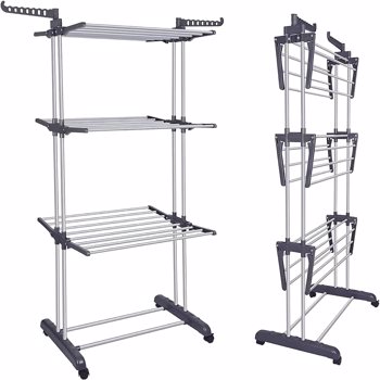 Clothes Drying Rack, Oversized 4-Tier(67.7\\" High) Foldable Stainless Steel Drying Rack Clothing, Movable Drying Rack with 4 castors, 24 Drying Poles and 14 Hooks for Bed Linen, Clothing, Grey