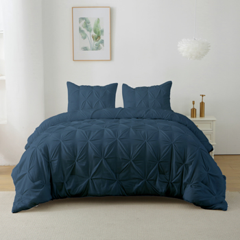 Queen Comforter Set, 3 Pieces Pintuck Bedding Set with 1 Down Alternative Comforter and 2 Pillow Shams, Navy