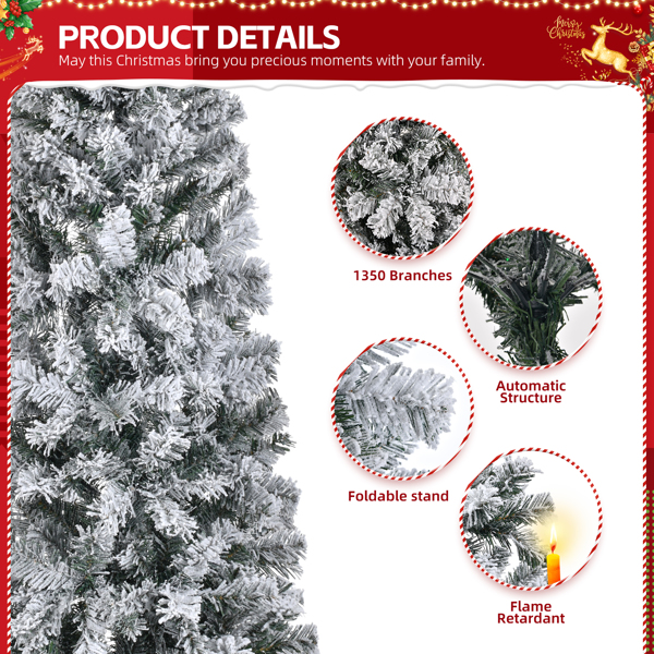 6 FT Snow Flocked Hinged Christmas Tree, Artificial Pencil Christmas Tree, Unlit Artificial Christmas Pine Tree with 320 Branch Tips and Sturdy Metal Stand, Snowy Green