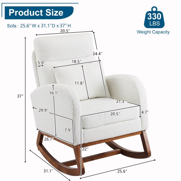 White Teddy Fleece Rocking Chair Nursery with Thick Headrest, Upholstered Mid-century Modern Nursing Rocker Glider with Curved Armrest, Sturdy Solid Wood Base for Living Room,Bedroom, Baby Room