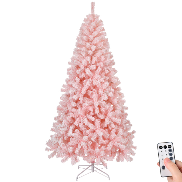 8 FT Pre-lit Snow Flocked Christmas Tree, Artificial Hinged Xmas Pine Tree with 1250 Branch Tips, 500 Lights and Remote Control for Holiday Party Office Home, Snowy Pink