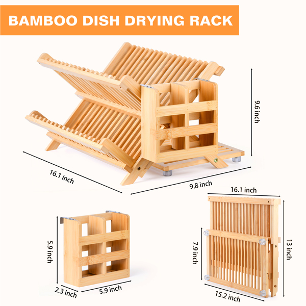 Bamboo Dish Rack, 3-Tier Foldable Wood Dish Drying Rack for Kitchen Counter – Space-Saving Organizer with Utensil Holder, Perfect for Small Kitchens and Apartments