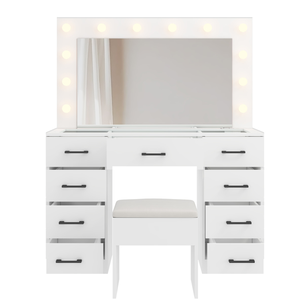 Vanity Desk Set with Large Lighted Mirror and Powre Outlet, Glass Top Makeup Vanity with 9 Drawers, Vanity Table with 12 LED Lights, 3 Lighting Color Adjustable, White