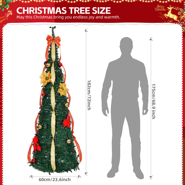 6 FT Fully Decorated Pre-lit Christmas Tree, Pop Up Artificial Xmas Tree with 80 Warm Lights Battery Operated and Red & Golden Ornaments for Home Office Store Holiday Deco