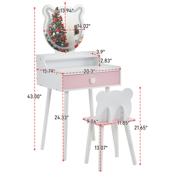 Kids Vanity Table and Chair Set, Girls Vanity with Mirror & 3-Color LED Lights, 1 Large Drawer & Storage Shelf, Pretend Play Makeup Dressing Princess Table for Toddlers, White