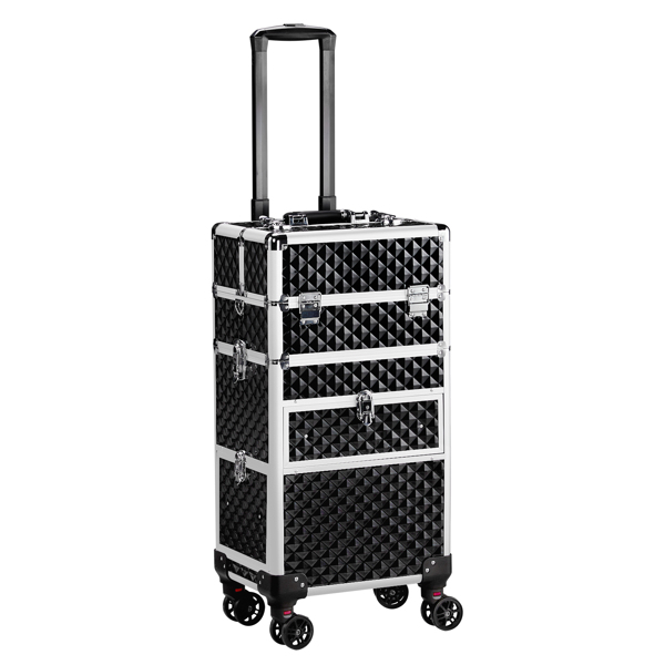  2-in-1 Front Drawer with Slide Rails, Flat Left Drawer, Detachable Universal Wheels, Aluminum, Diamond Pattern, Black, Cosmetic Case, 34*24*72.5cm