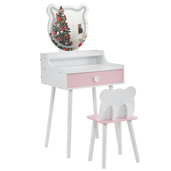 Kids Vanity Table and Chair Set, Girls Vanity with Mirror & 3-Color LED Lights, 1 Large Drawer & Storage Shelf, Pretend Play Makeup Dressing Princess Table for Toddlers, White