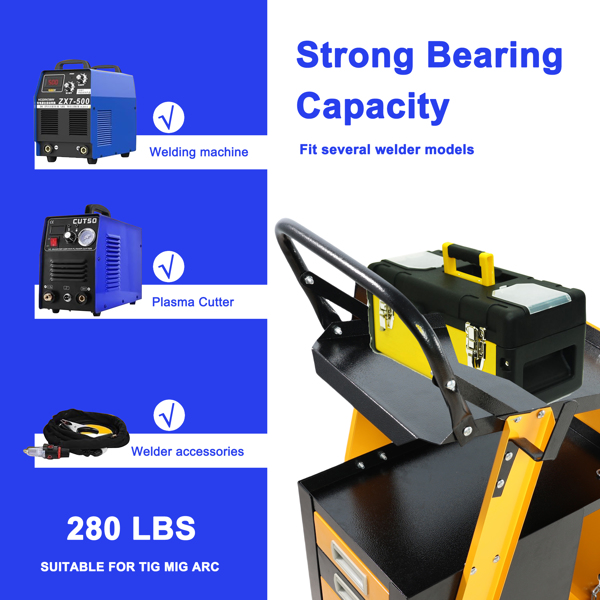 Multi-function welder trolley, MIG TIG ARC plasma cutter storage tank with 2 safety chains, portable 4-drawer chest, weight 280 LBS