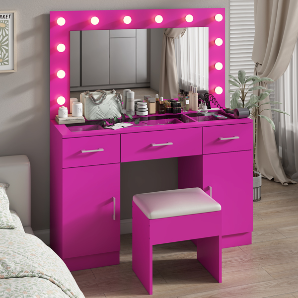 Vanity Desk Set with Large Lighted Mirror and Powre Outlet, Glass Top Makeup Vanity with 3 Drawers and 2 Cabinets, Vanity Table with 12 LED Lights, 3 Lighting Color Adjustable, Pink