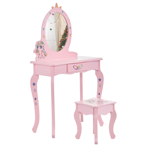 Kids Vanity Table and Chair Set, Girls Vanity with Mirror & Stool, Cute Unicorn Design, Pretend Play Makeup Dressing Princess Table for Toddlers, Pink