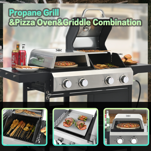 2+2 Multi-function Burner Gas Grill and Griddle Combo with Cover for Outdoor Cooking While Camping or Tailgating - BBQ,FRYING,PIZZA.